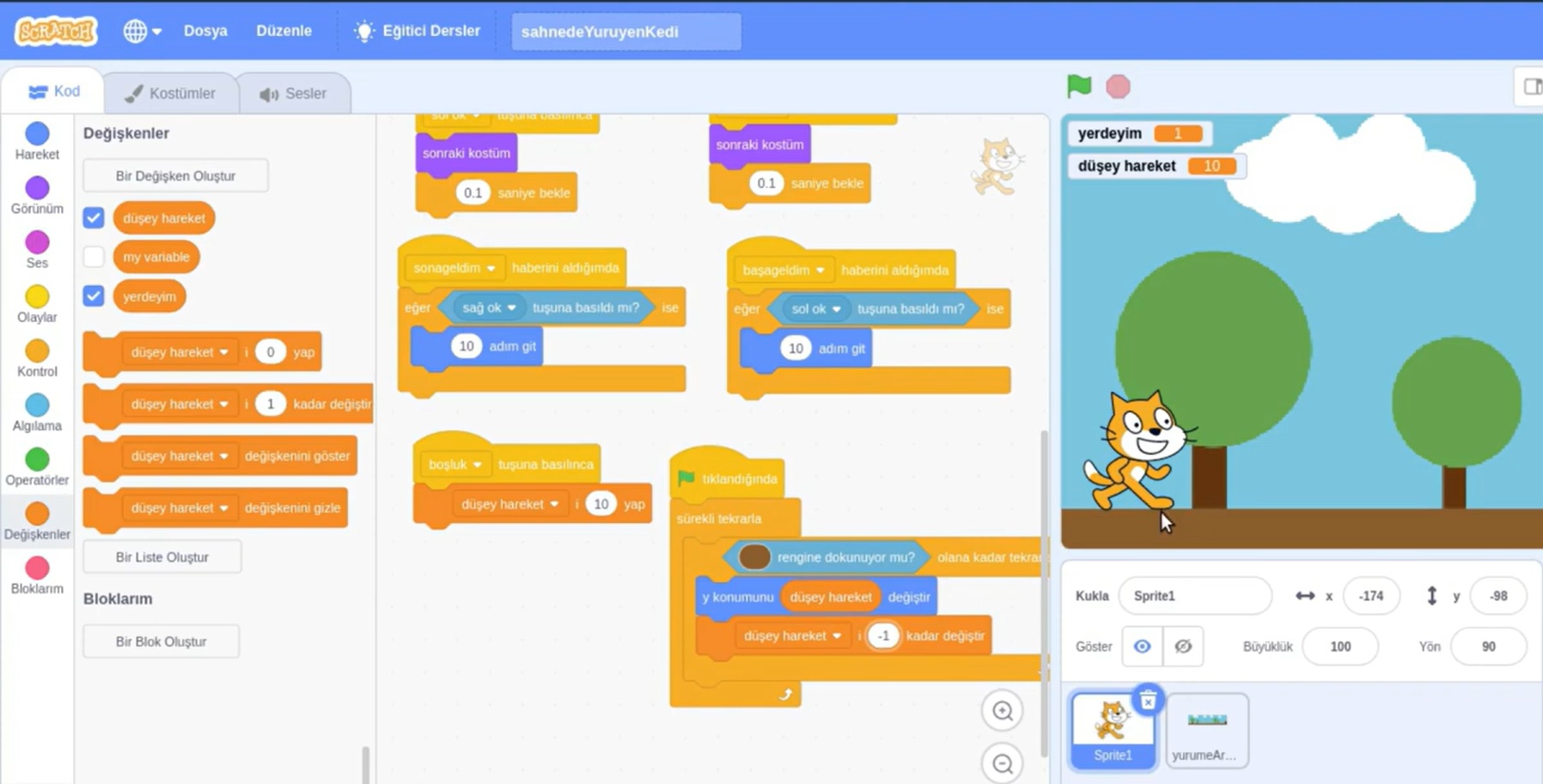Scratch'te hareket eden bir kedi sprite'ı için kod blokları