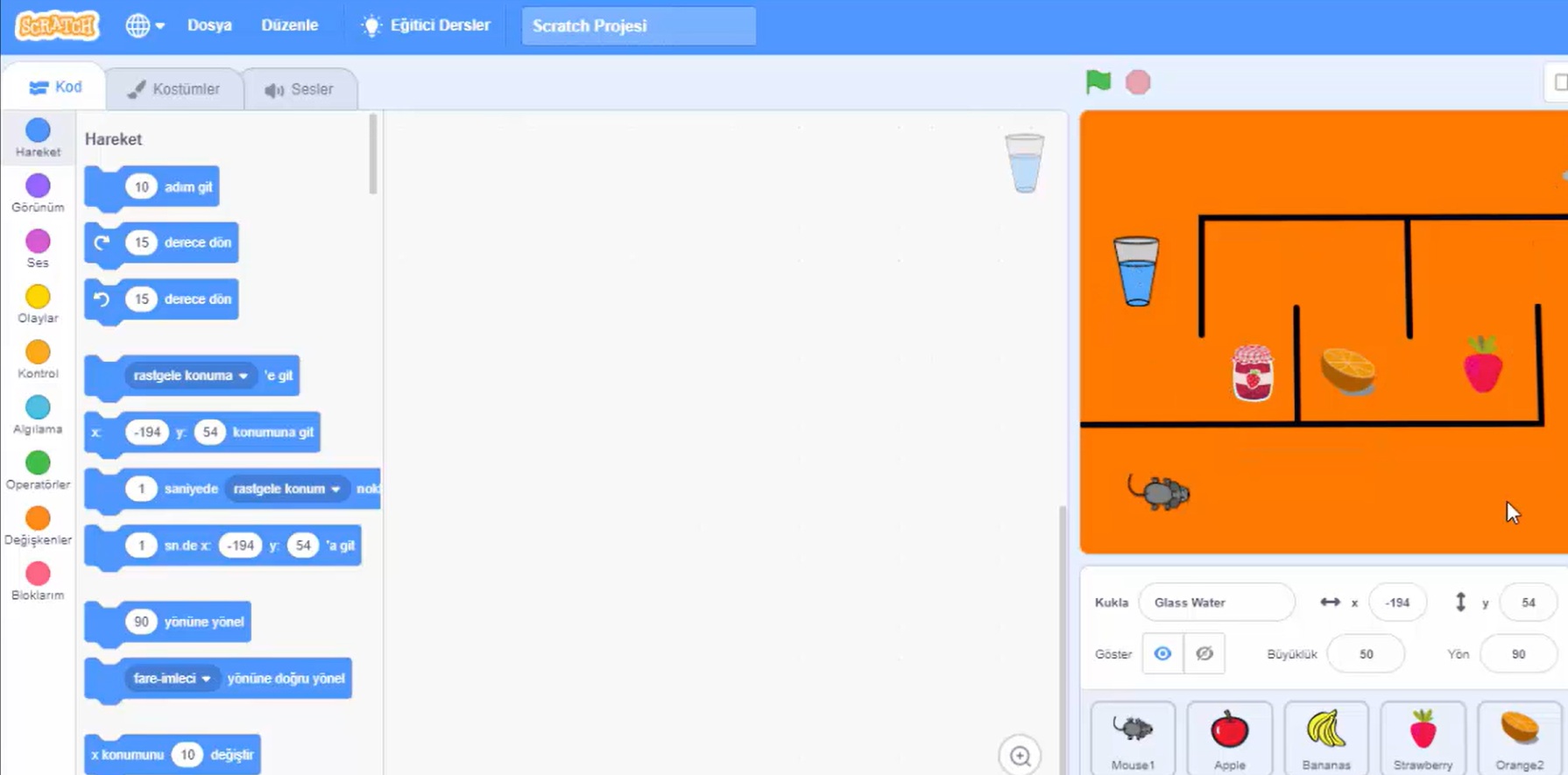 Scratch'te fare tıklamasıyla puan kazanma oyunu için kod blokları