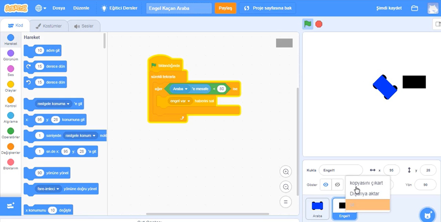 Scratch'te mesafe sensörü kullanan bir robot için kod blokları